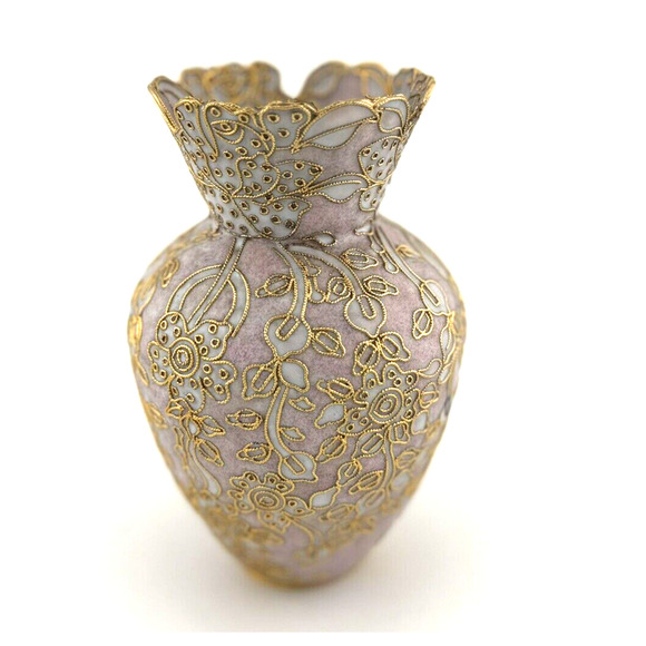 LOVELY - VTG Cloisonne Enamel Pink & Gold Flowers Vase 5 1/4in tall Twisted Wire - Picture 3 of 10